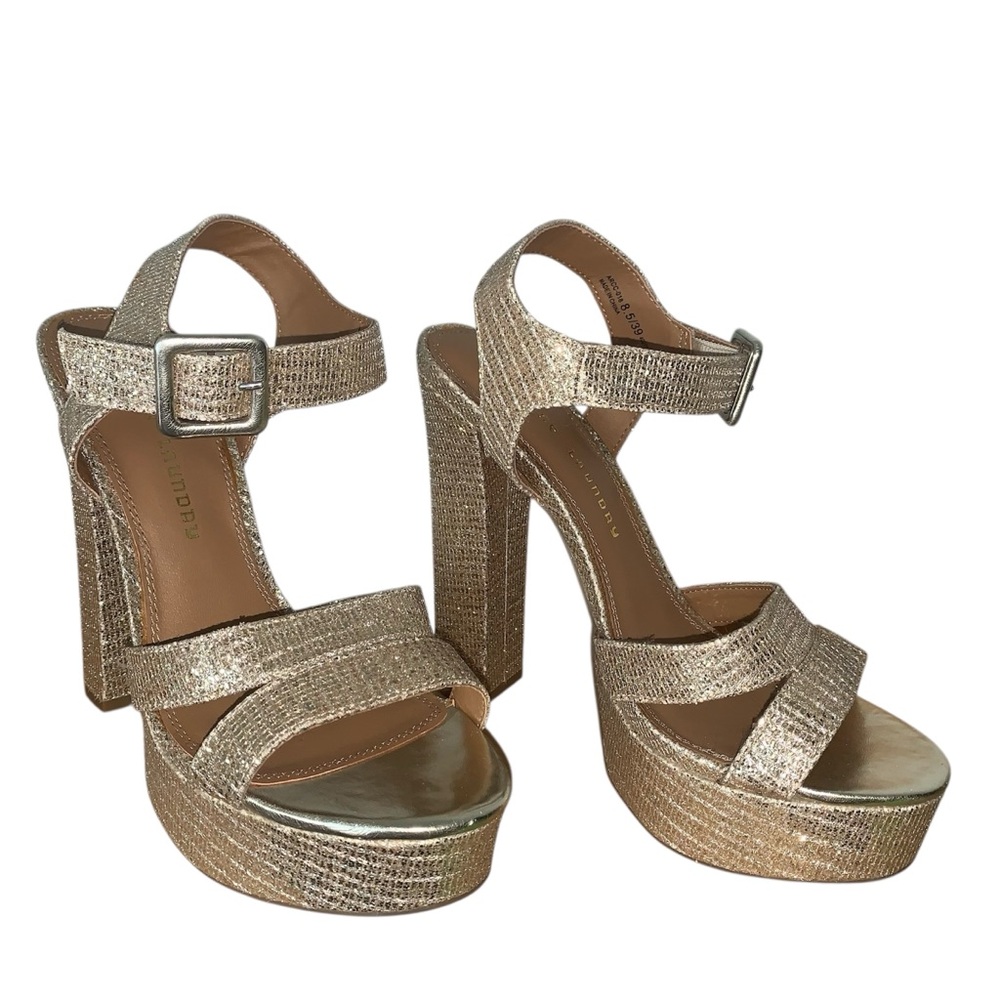 CHINESE LAUNDRY Arcc Glitter Ankle Strap Heel Sandal Gold Sparkle Sz. 8.5